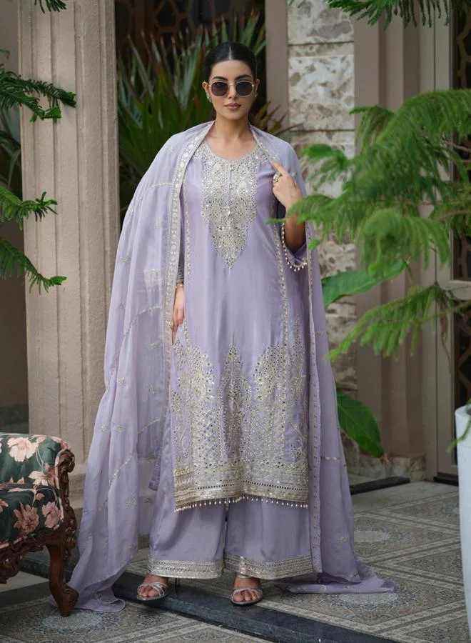 Dw  Women Floral Embroidered Straight Kurta and Palazzos with Dupatta Set for Women | Best Price UAE